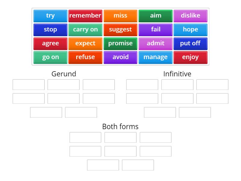Verbs followed by infinitive or -ing - Group sort