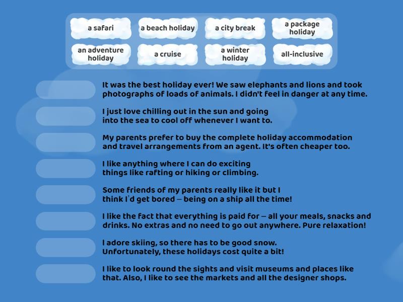 Types of holidays - Match up