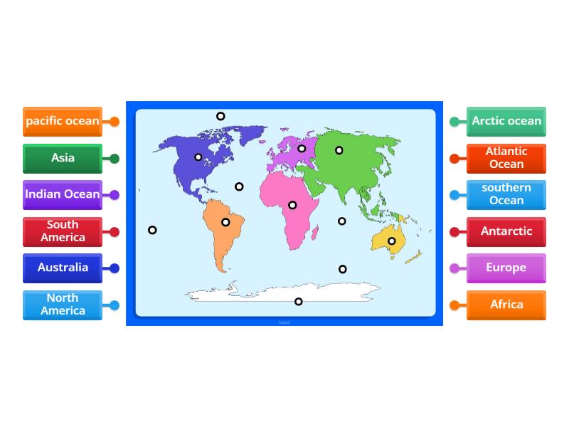 the seven continents map with five oceans - Labelled diagram