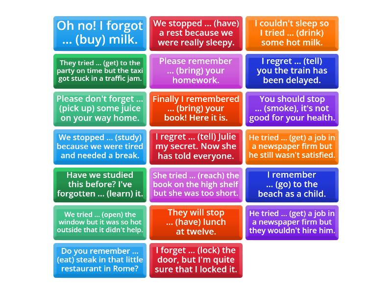 Gerund and Infinitive (try, regret, stop etc.) - Flip tiles