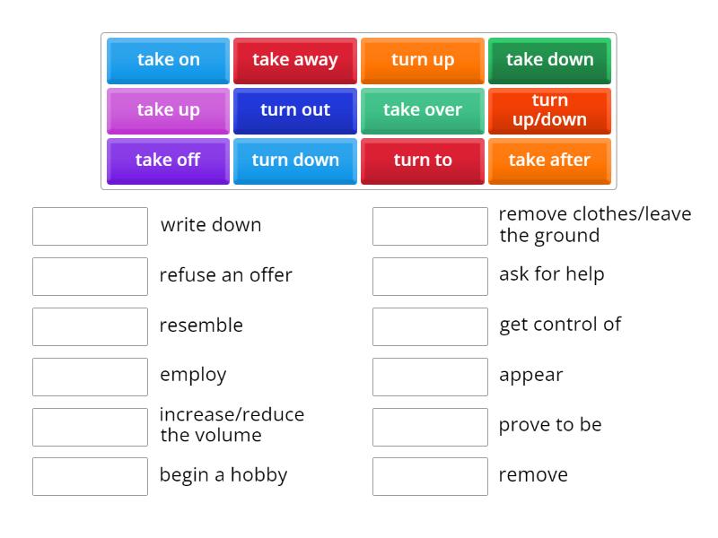 Phrasals Turn/take - Une las parejas
