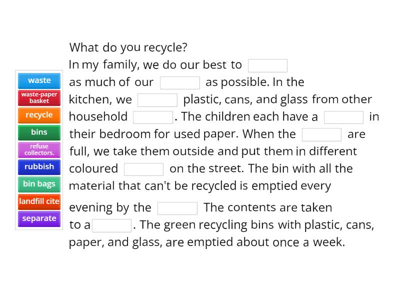 recycling hw story - Complete the sentence