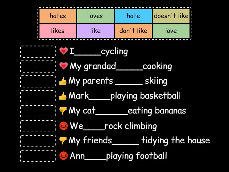like/love/hate/don't like/doesn't like + ing - Match up